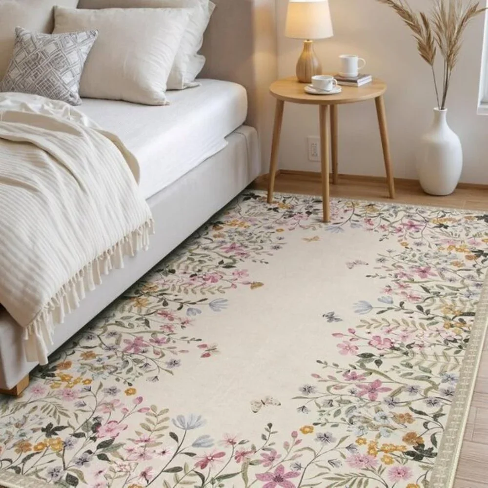 New 5x7 Washable Floral Rug, Non-Slip Botanical Carpet for Home & Room Decor